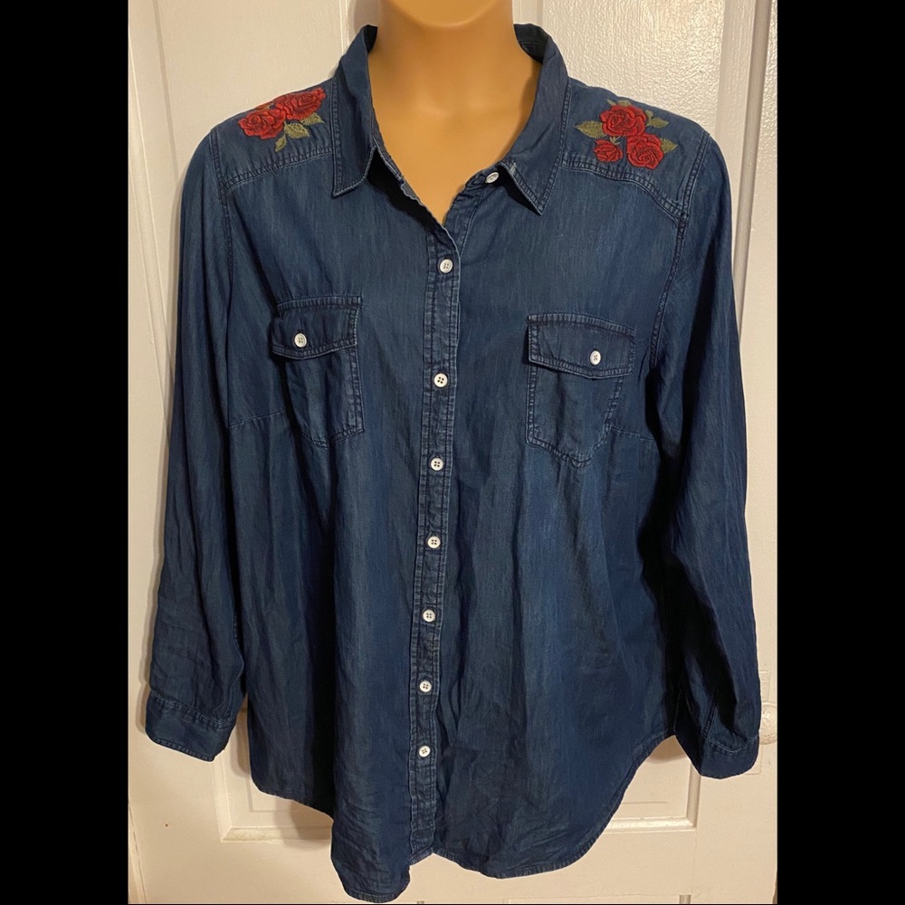 Torrid Denim Rose Embroidered Top